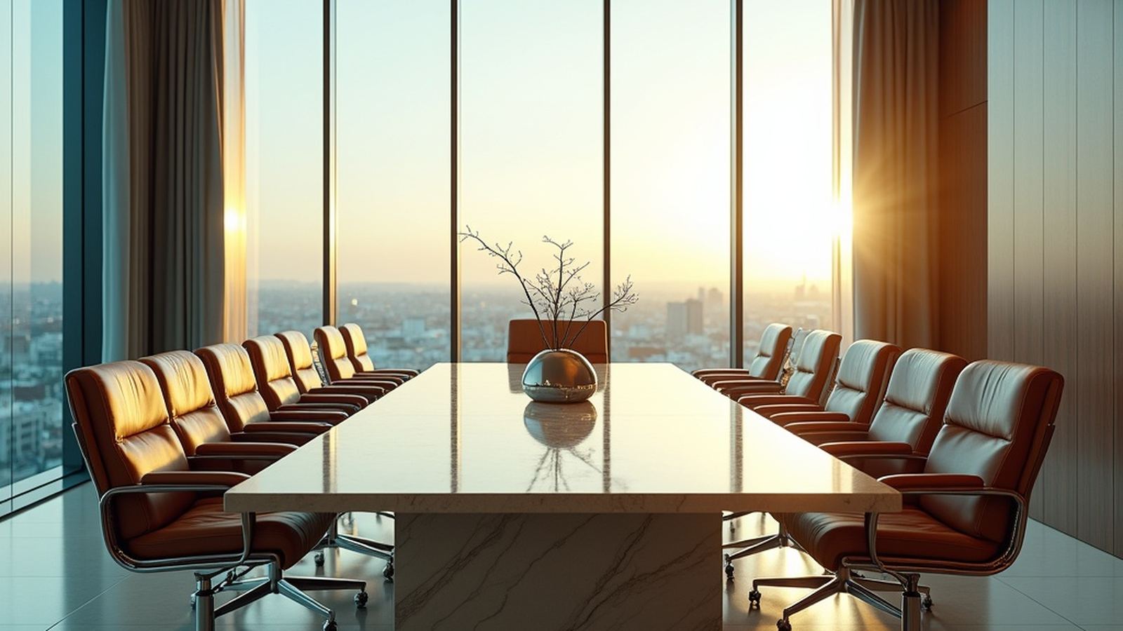 Modern executive boardroom interior with large windows at golden hour