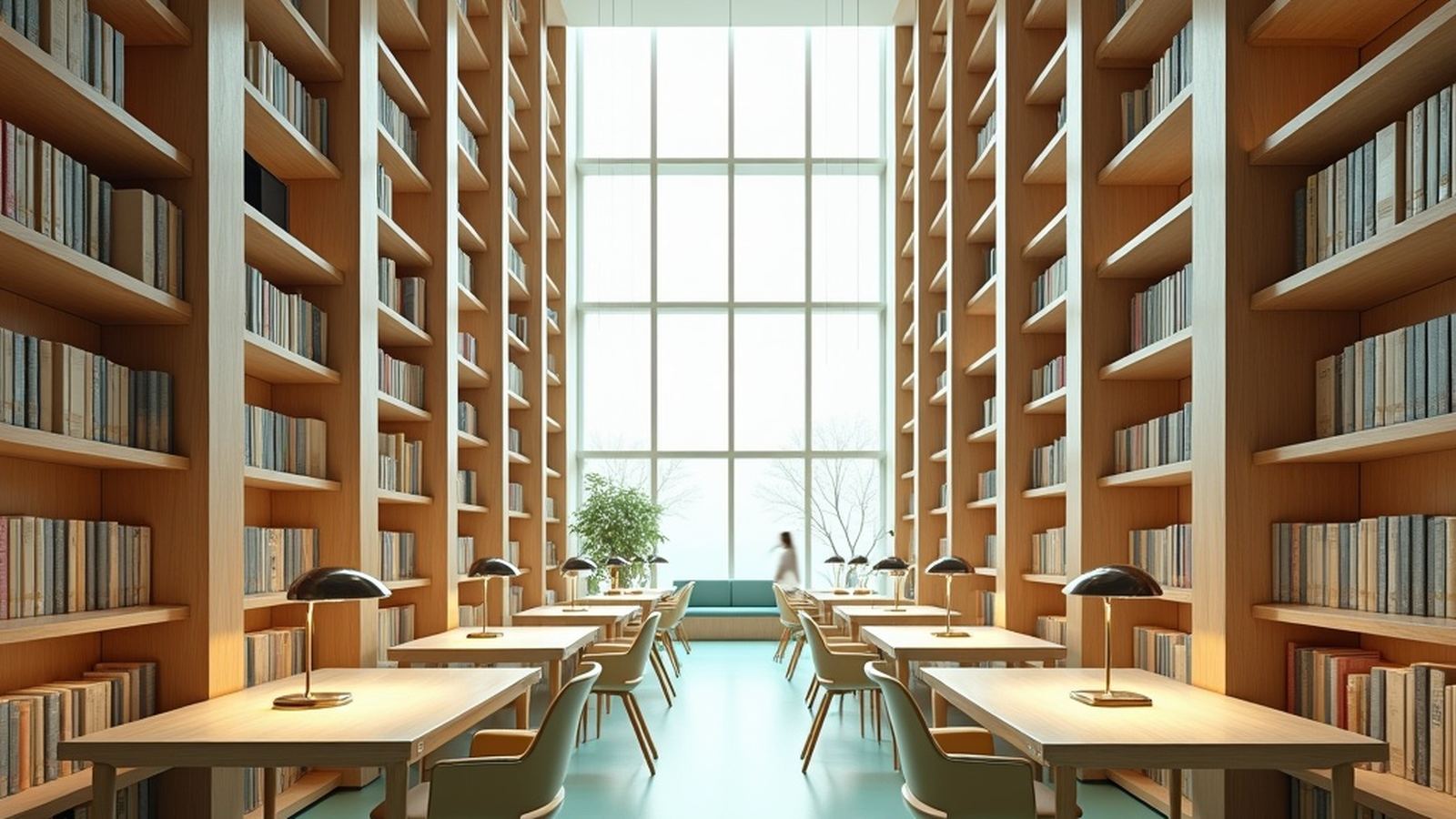 Modern teaching library interior with bookshelves and reading desks