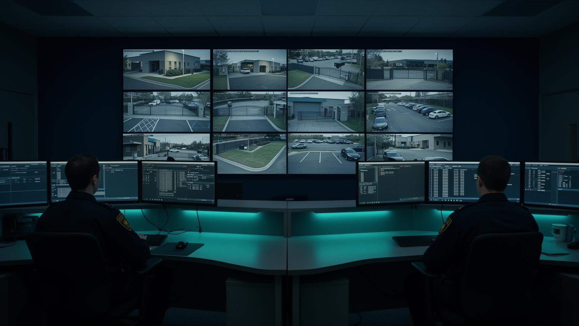Modern empty security operations centre with wall of monitoring screens