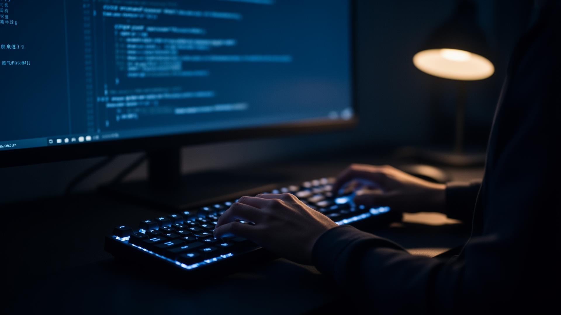 Cybersecurity analyst's hands on a backlit keyboard at a dark workstation