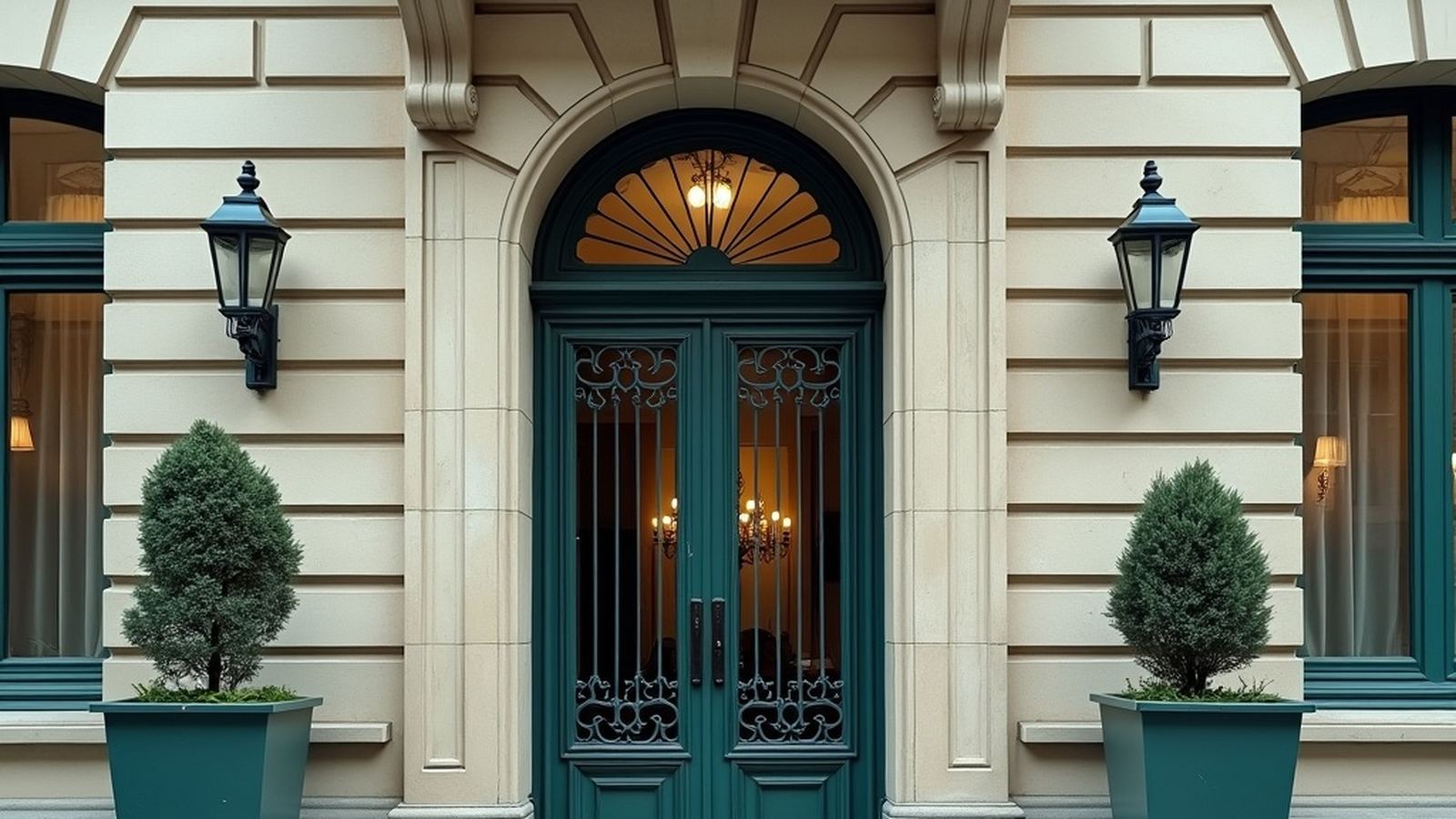 Classical European embassy facade with iron-and-glass entrance doors
