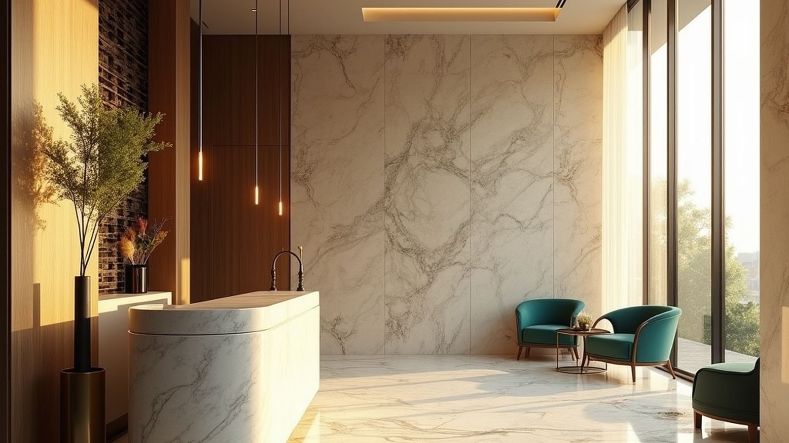 Corporate reception desk in marble and oak at quiet hour