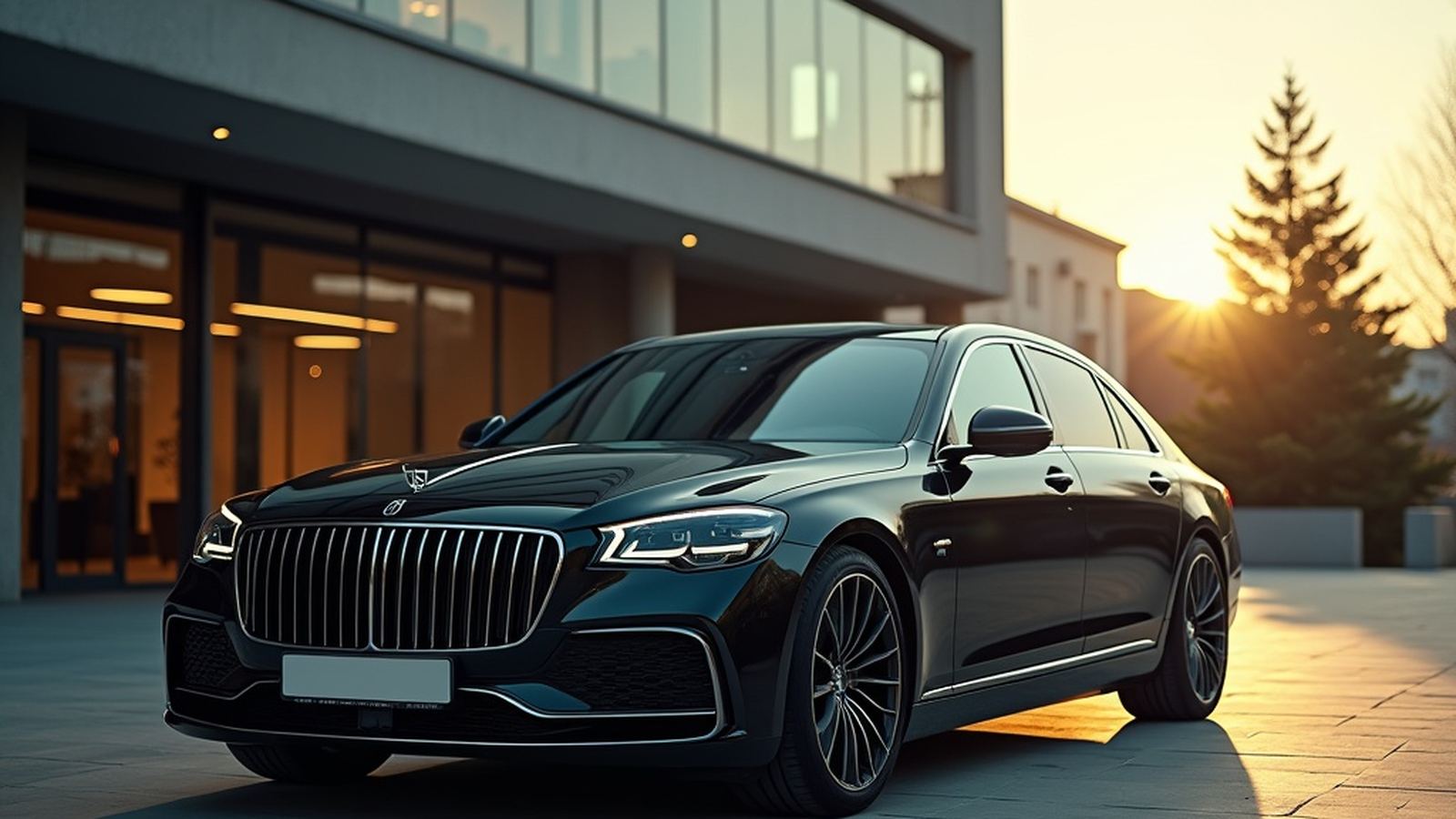 Executive sedan parked outside a modern corporate office at golden hour